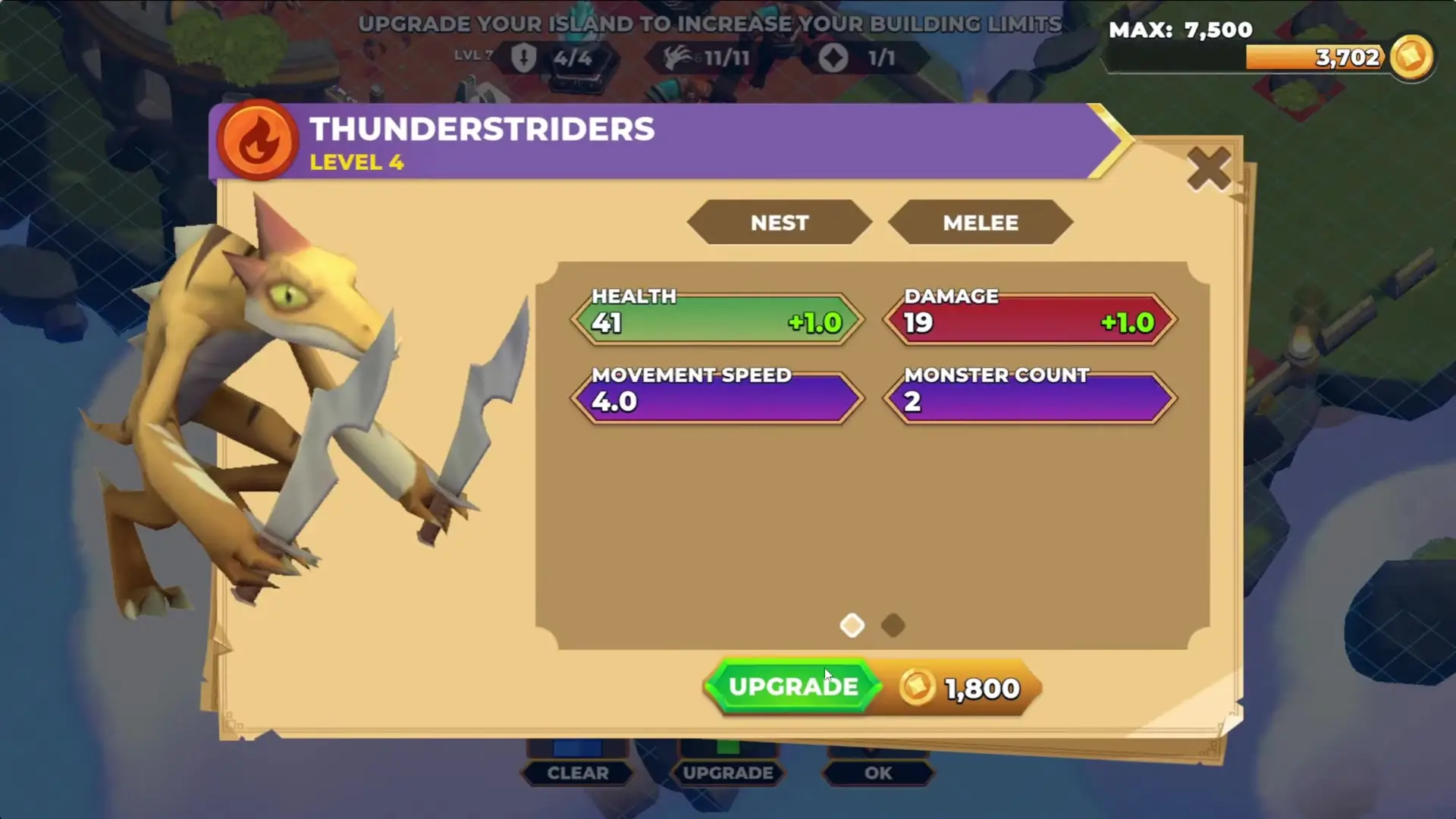 In this screenshot from Fableborne, an upgrade menu for the Level 4 Thunderstriders unit is displayed over a base-building interface, showing its current stats and an option to pay 1,800 gold to increase health, damage, movement speed, or monster count.