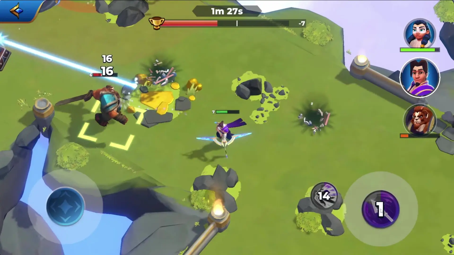 In this screenshot from Fableborne, two characters engage in combat on a grassy field while the game's user interface displays health bars and action buttons.