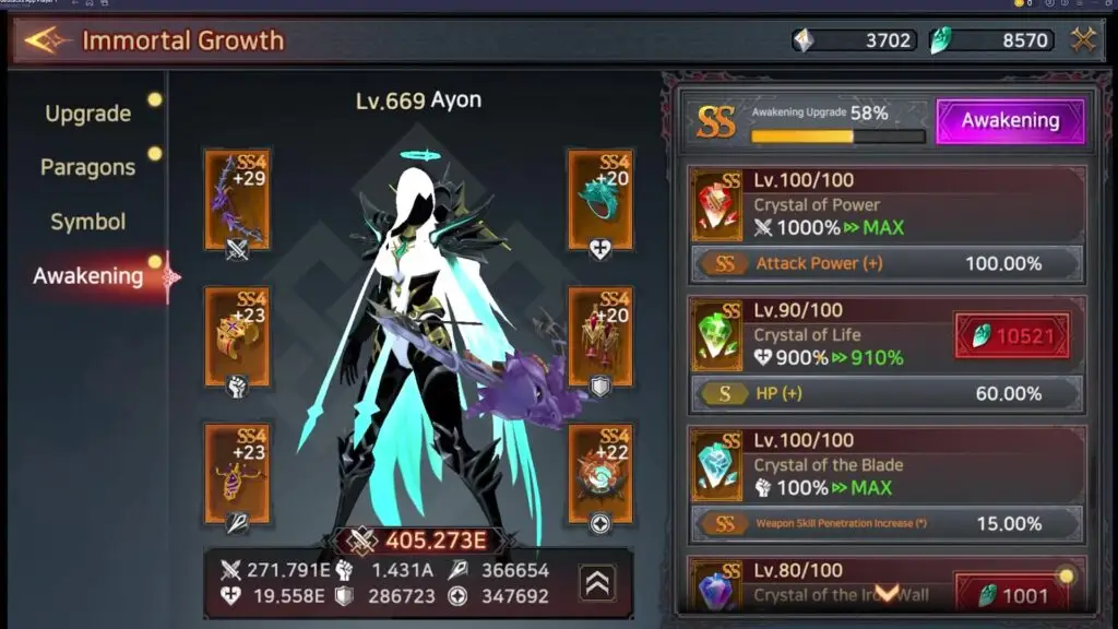 A screenshot from Immortal Rising 2 showing a white-haired armored character on the Immortal Growth screen, with equipped SS4 gear, combat stats, and an Awakening upgrade menu displaying crystal levels, bonuses, and upgrade costs.