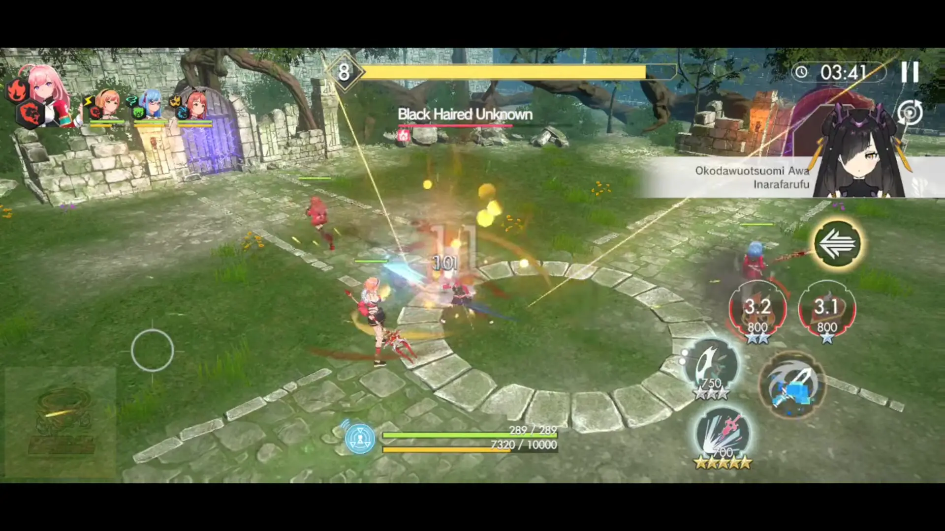 A screenshot from De:Lithe Last Memories captures an in-game battle where two player characters attack an enemy labeled Black Haired Unknown amidst stone ruins and overgrown grass, with combat damage numbers visible on screen.