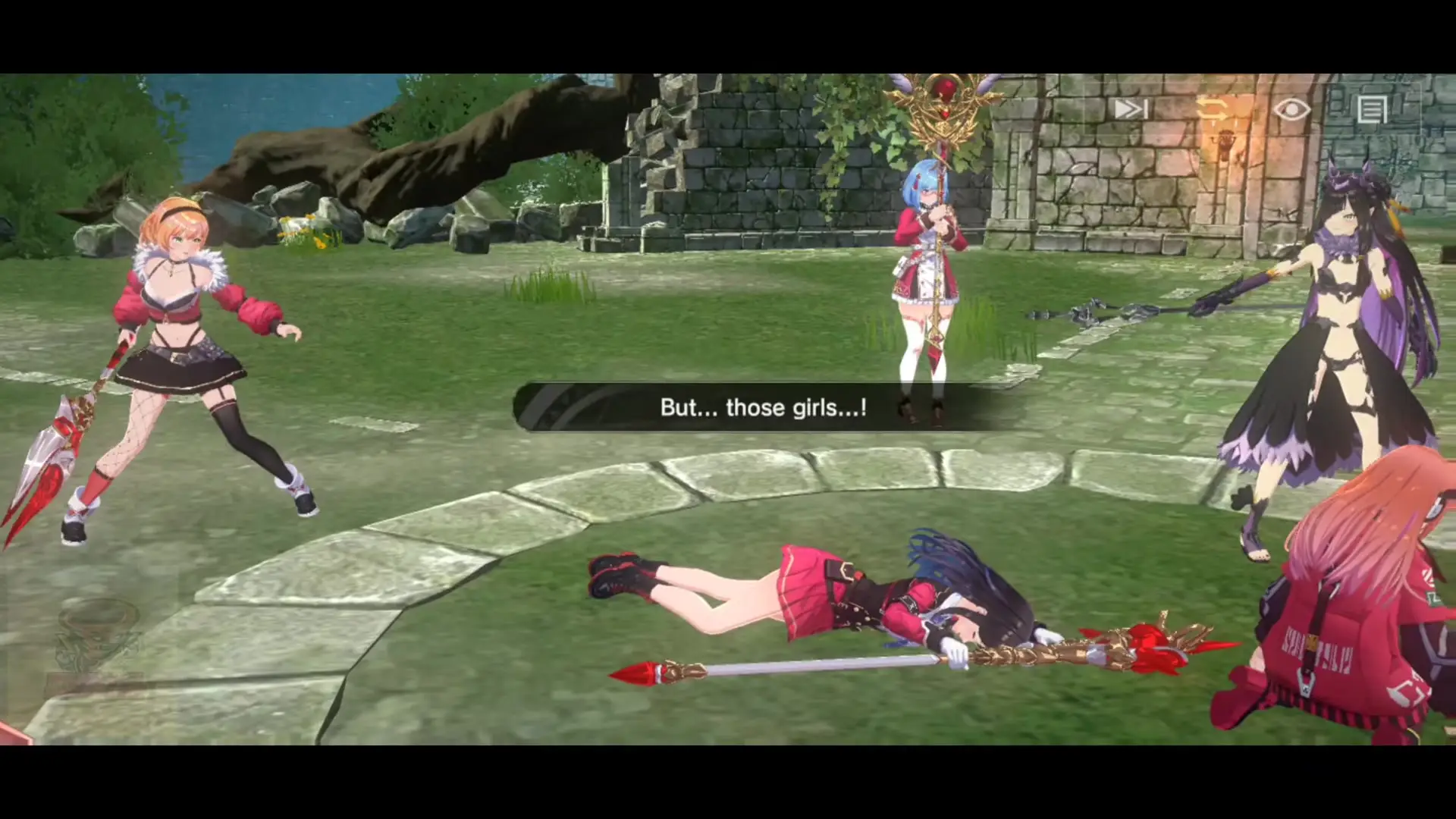 In this scene from De:Lithe Last Memories, five female characters are positioned on stone ruins surrounded by grass where one character lies defeated on the ground while another in red crouches nearby and a third stands with a large staff against ancient stone walls.