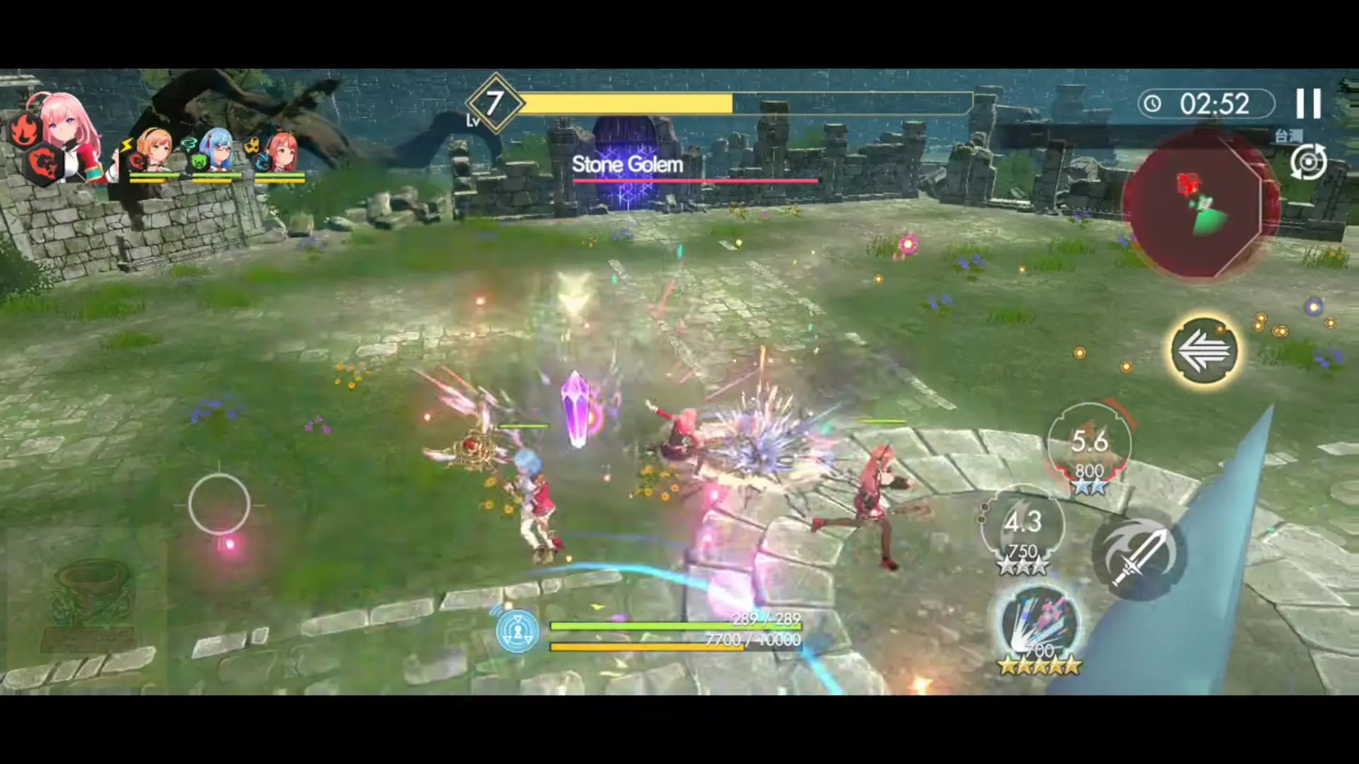 In a screenshot of De:Lithe Last Memories, characters in an anime-style battle are attacking a Stone Golem enemy amidst magical effects within grassy stone ruins.