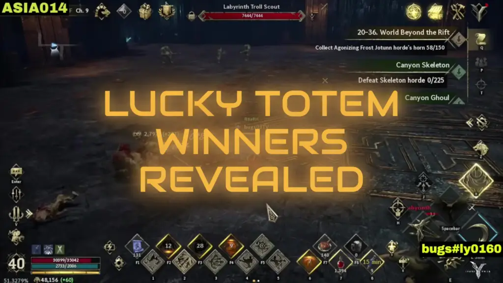 The image displays gameplay footage from 'Legend Of Ymir,' featuring a dark, stone-floored interior environment where enemies including Canyon Skeletons and Labyrinth Troll Scouts are present, overlaid with large yellow text announcing 'LUCKY TOTEM WINNERS REVEALED' alongside an active quest tracker for World Beyond the Rift.