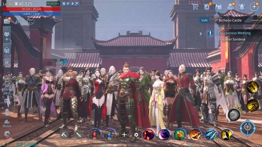 In the game MIR4, a large group of diverse characters in elaborate armor stands together in a courtyard within Bicheon Castle, where a quest titled ‘A Suspicious Meeting’ is displayed on the user interface.