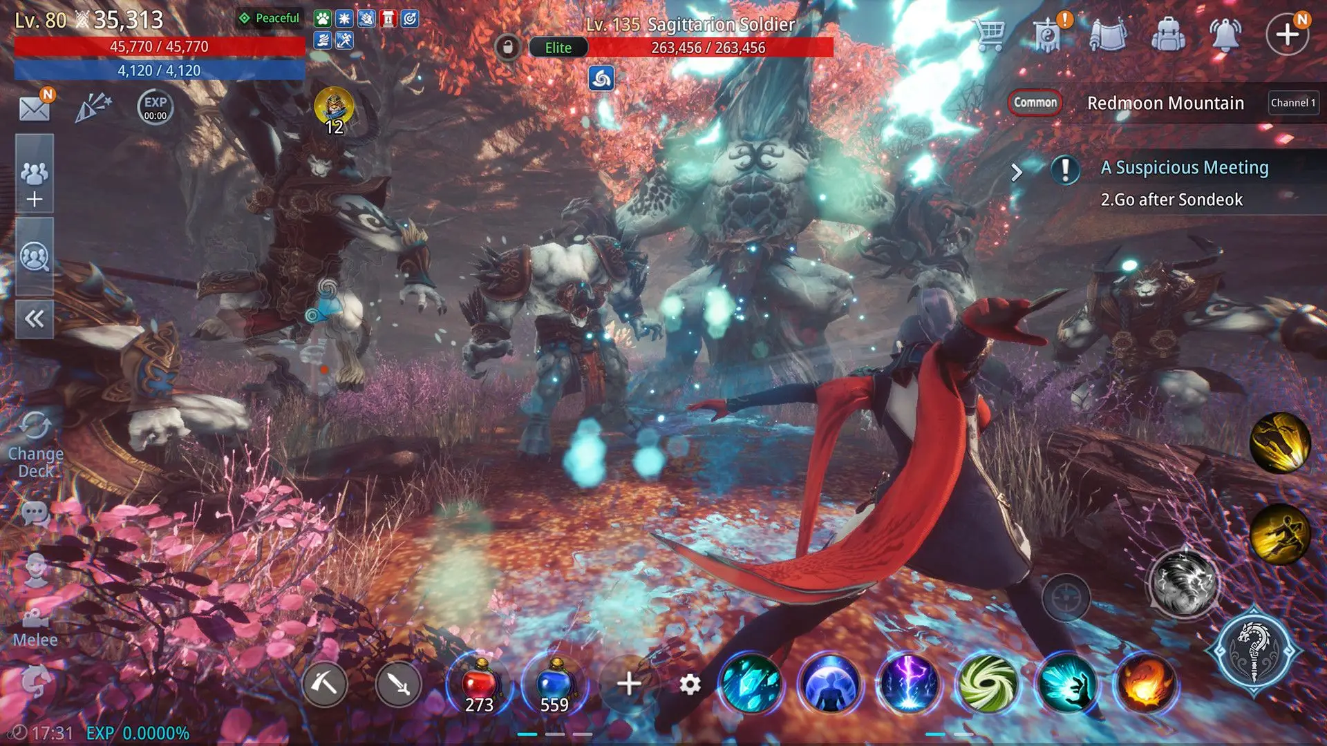 In this screenshot from Mir4 Global, a player character wearing red gloves and a long cape stands in the Redmoon Mountain area facing off against several large enemies, including an elite Sagittarion Soldier.
