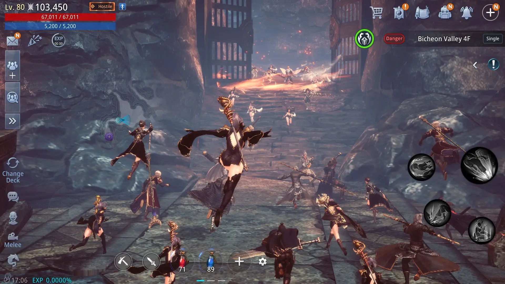In this screenshot from Mir4 Global, numerous player characters are gathered on stone steps within the Bicheon Valley dungeon to engage in combat against hostile enemies at a distance.