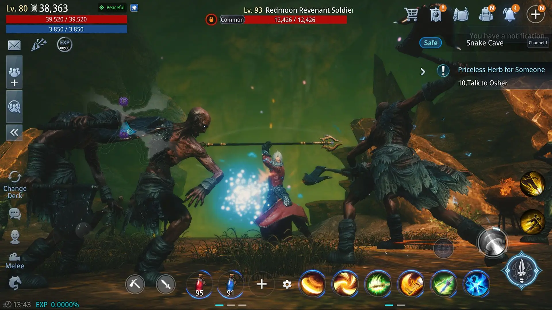 In this screenshot from Mir4 Global, a player character wielding a spear engages in combat against multiple skeletal enemies within the green-hued Snake Cave environment.