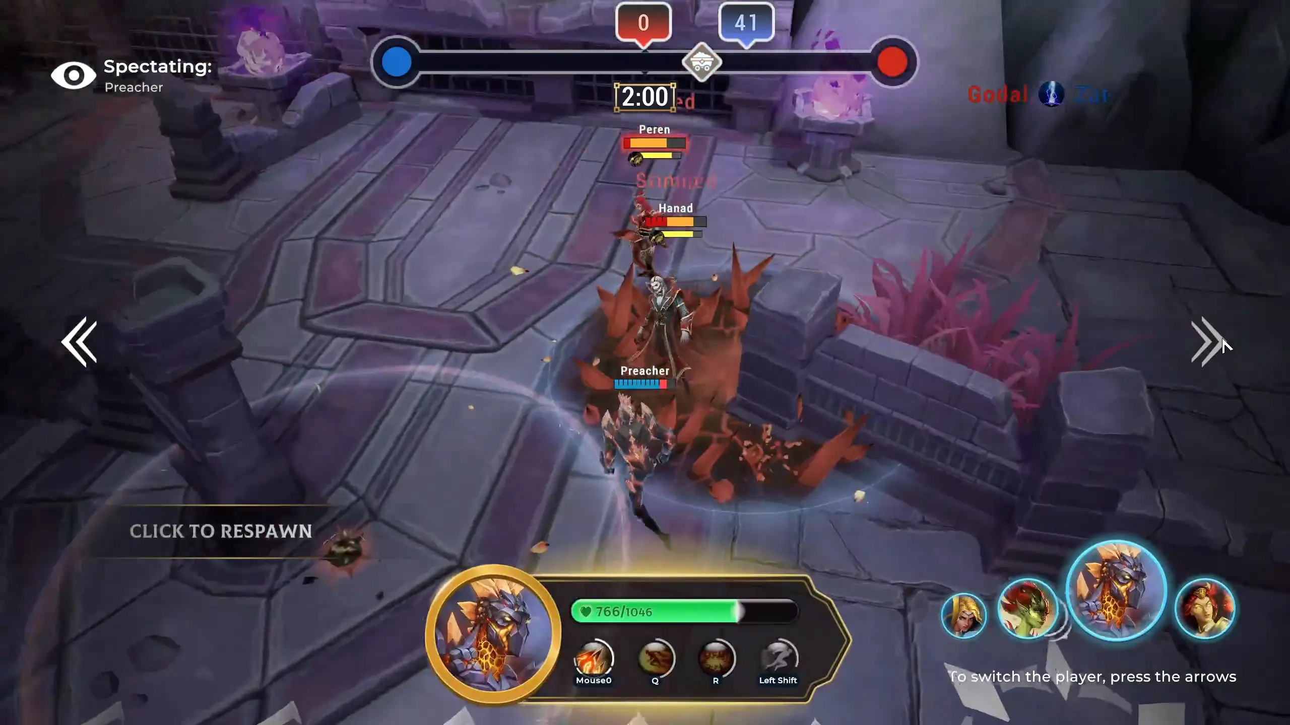 In Magiccraft, several characters including Preacher are seen in combat on a stone bridge within a dark fantasy setting during the final seconds of gameplay while being spectated by another user named Peren.