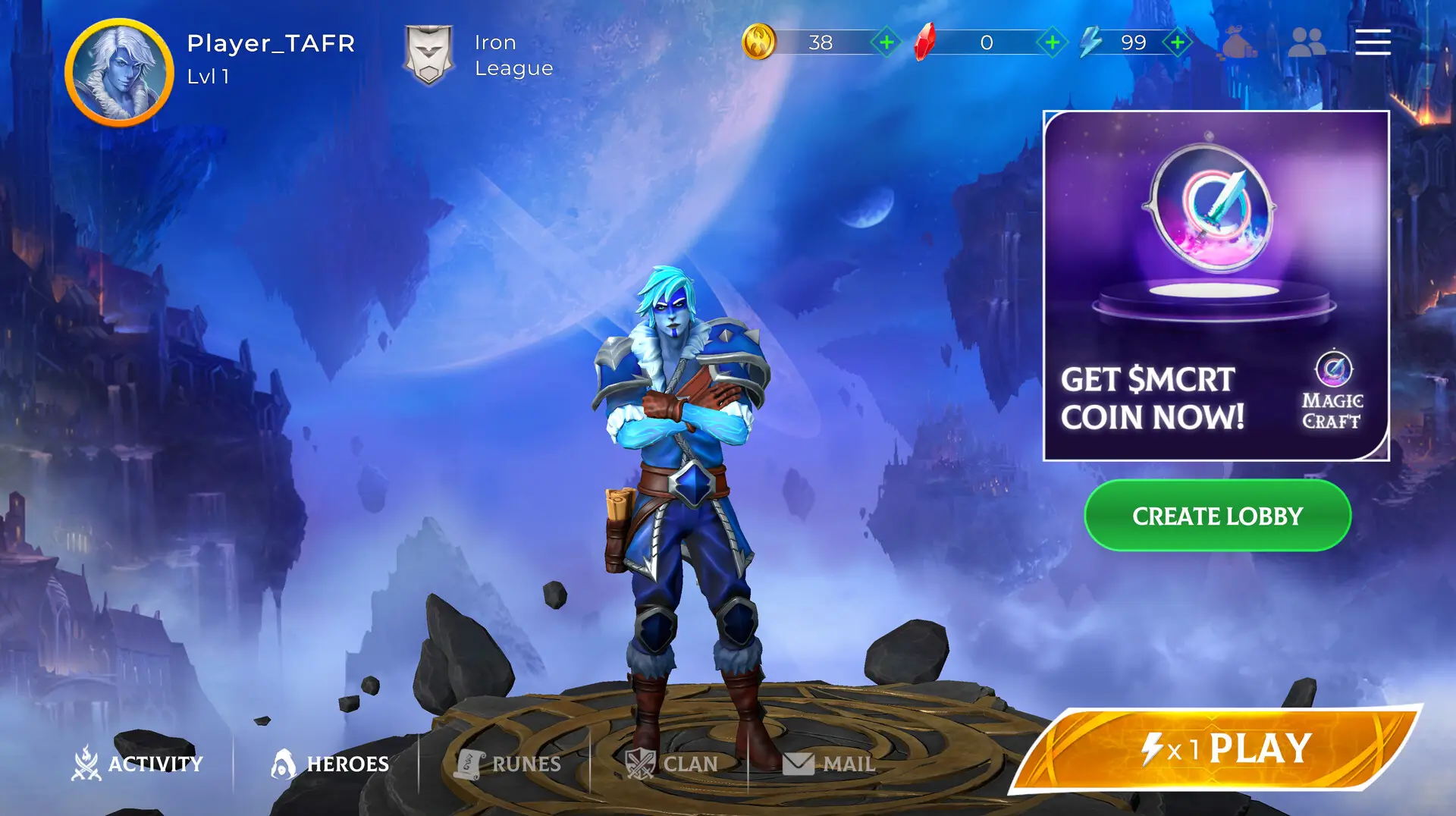 The main screen of the game Magic Craft shows a blue-skinned character standing on a stone platform in front of a fantasy landscape filled with floating islands and large moons, with an advertisement to get MCRT coin displayed nearby.