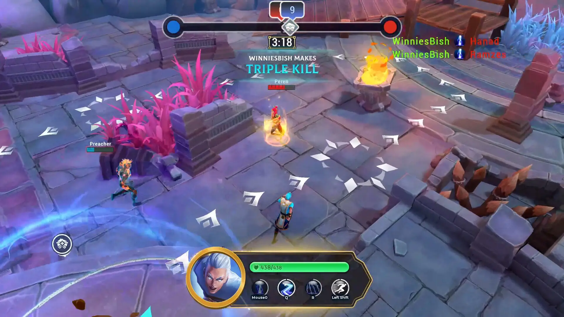 In Magiccraft, an overhead view of gameplay shows several characters including WinniesBish making a Triple Kill amidst stone platforms and purple vegetation while on-screen text indicates match progress at three minutes and eighteen seconds into the game.
