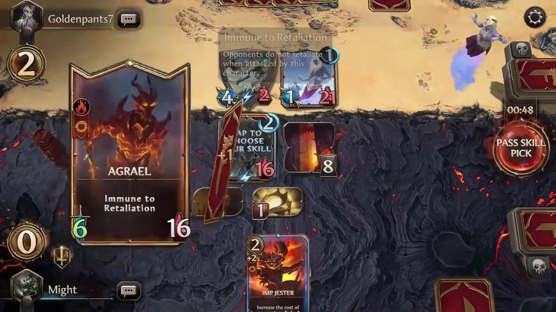 In the game Might Magic Fates Tcg, a card titled 'Agrael' with abilities is displayed in a volcanic environment with additional cards and a genie-like character visible in the background.