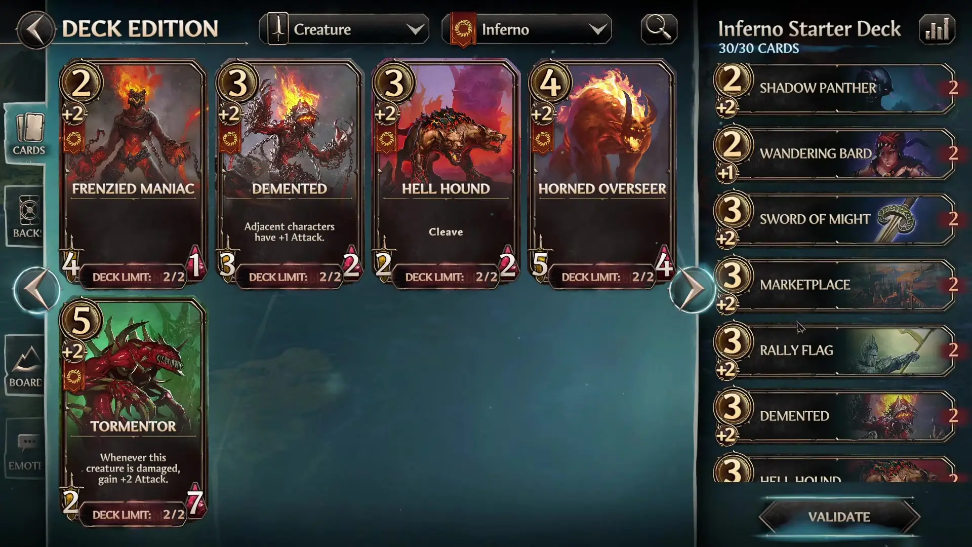 The image from Might Magic Fates Tcg shows a deck editing screen with various creature cards like 'Frenzied Maniac,' 'Demented,' 'Hell Hound,' and 'Horned Overseer' prominently displayed, alongside a list of deck components including 'Shadow Panther' and 'Wandering Bard' on the right.
