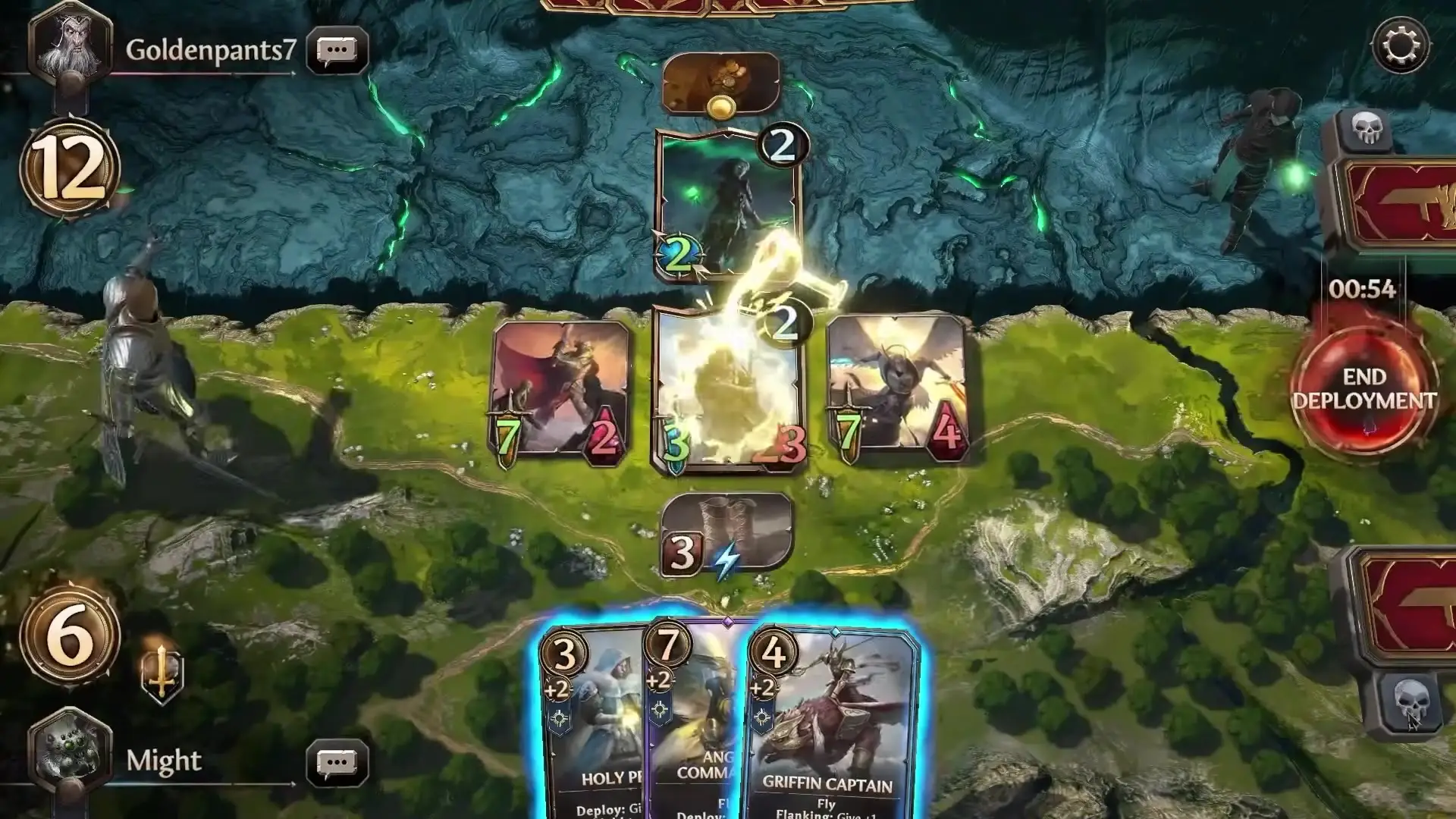 In the game Might Magic Fates Tcg, a card battle is underway featuring three character cards with attack and defense values placed on a grid-like grassy landscape, as a player appears to be selecting additional cards from their hand at the bottom of the screen.