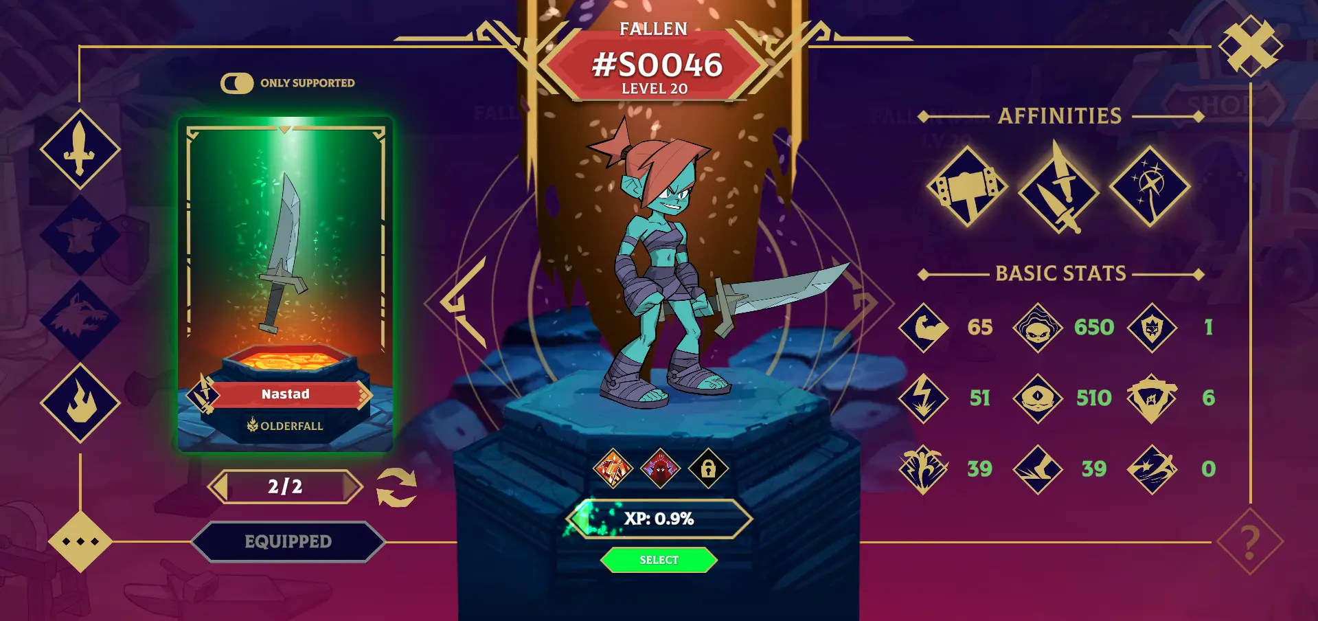 In the game 'olderfall', a character with blue skin and red hair stands on a stone platform holding a sword, with various stats and affinities displayed around them in a stylized interface.