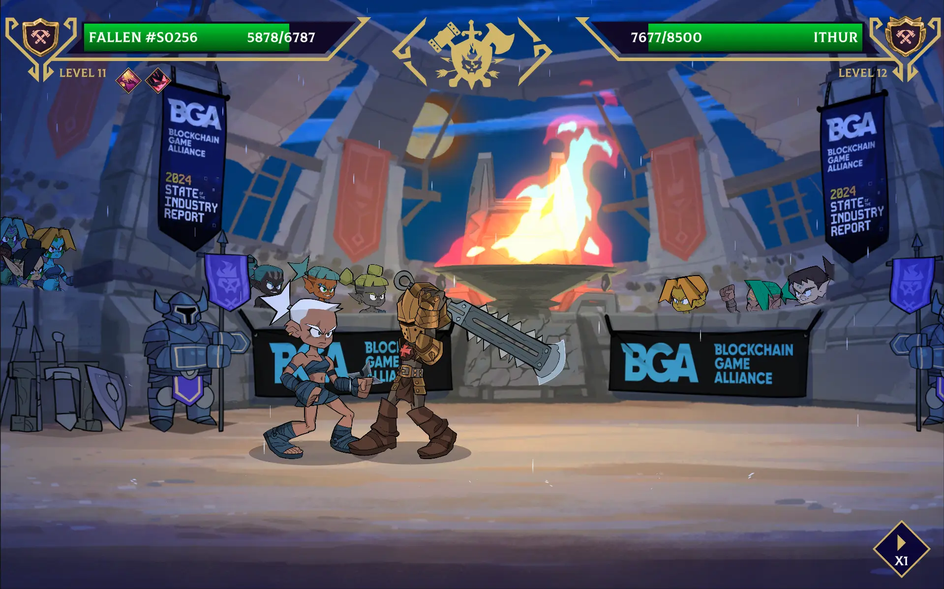 In the game 'olderfall', two characters, one wielding a large serrated sword and the other in battle attire, confront each other in a coliseum-like setting with armored statues, banners, and a large fiery brazier in the background.
