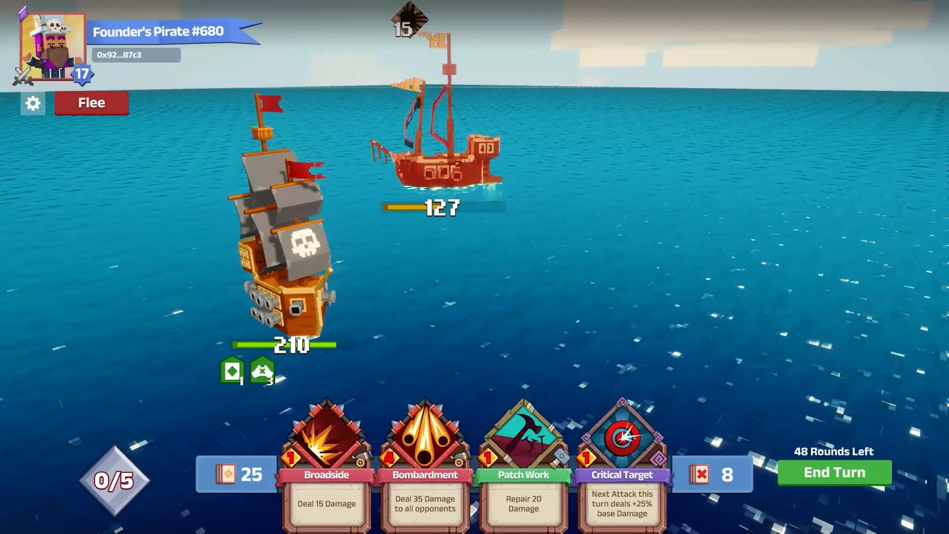 In this screenshot from Pirate Nation, two blocky ships face off on an open ocean during combat, where the player's vessel displays 210 health against an opponent with 127 health while a card-based menu offers actions like Broadside and Bombardment.