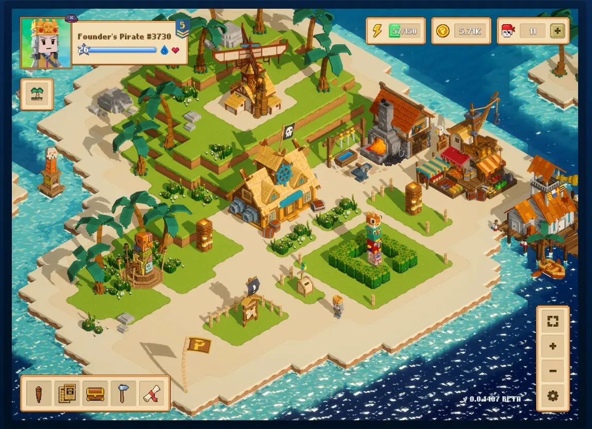 In Pirate Nation, an isometric view displays a pirate island settlement featuring various wooden buildings like a shipyard and forge surrounded by palm trees on sandy shores within the ocean interface.