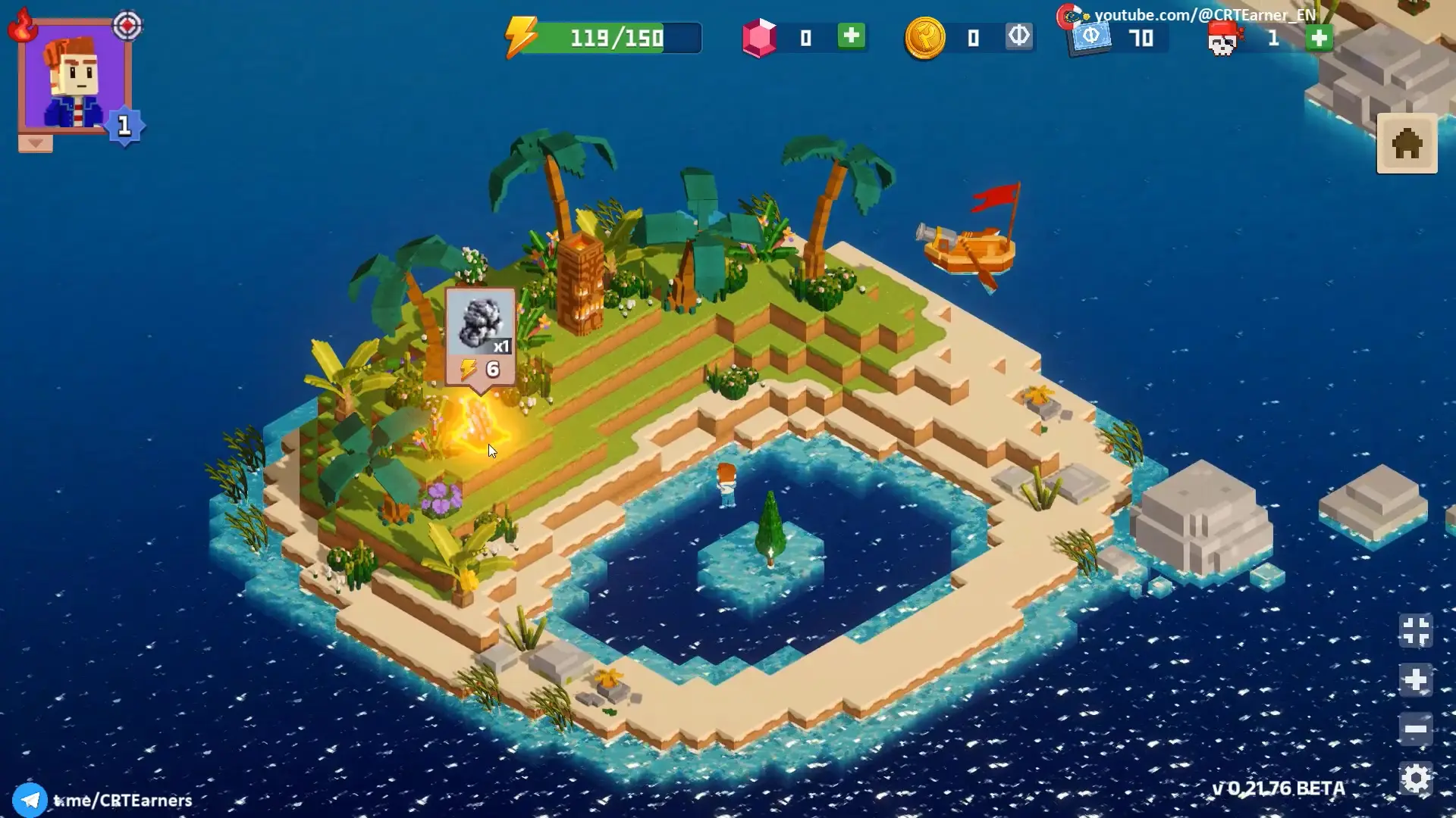 In this screenshot from Pirate Nation, an island settlement features palm trees, buildings, and a central pool where a character stands while another interacts with a glowing resource node near the shore.
