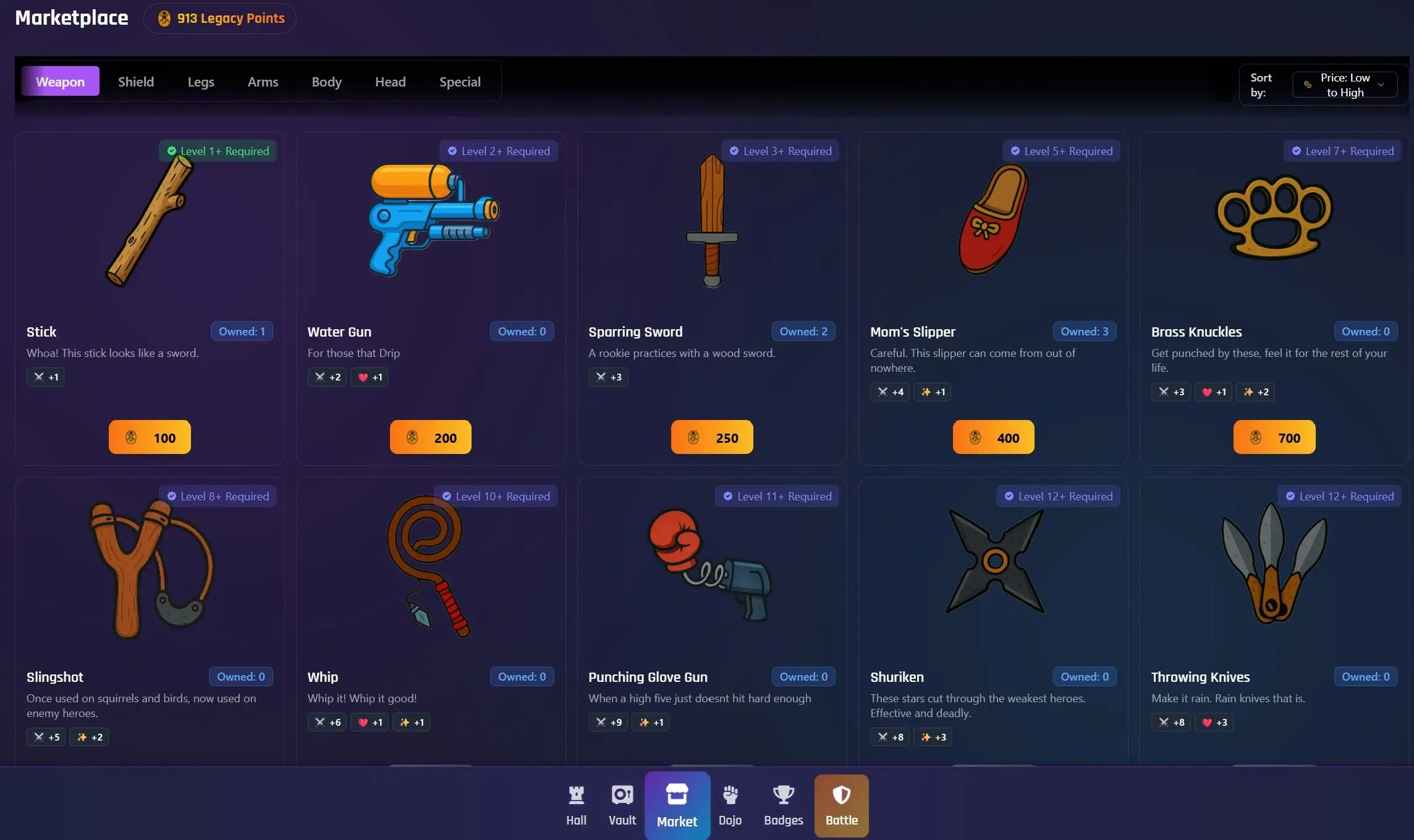 In the game 'Ryoshi Royale,' the marketplace screen displays various weapons such as a stick, water gun, sparring sword, mom's slipper, brass knuckles, slingshot, whip, punching glove gun, shuriken, and throwing knives, each with their level requirements and prices.