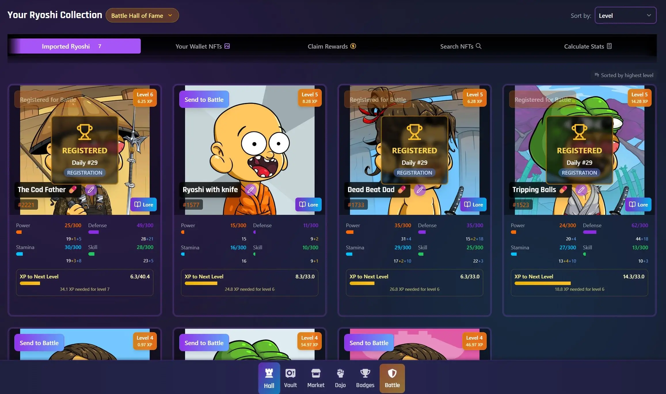 The image from Ryoshi Royale displays four character cards, each with unique illustrations and statistics, in a digital collection interface labeled 'Your Ryoshi Collection.'.