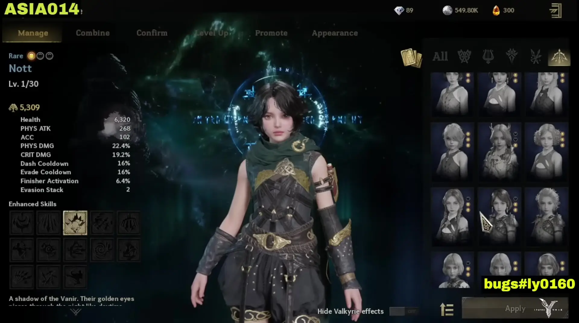 In the character management screen of Legend Of Ymir, the Rare unit Nott stands in the center wearing dark armor and a green scarf while surrounded by interface panels displaying her stats on the left and various appearance customization options on the right.