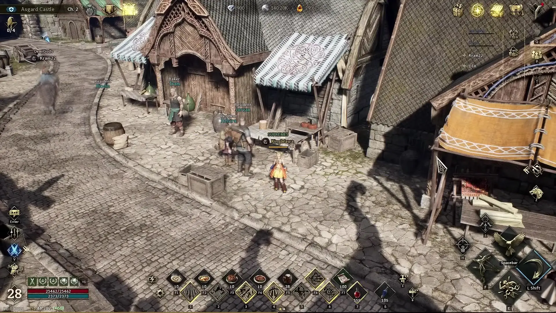 In this screenshot from Legend Of Ymir, several player characters stand on a cobblestone street in Asgard Castle alongside non-player vendors and residents near wooden buildings with patterned awnings under bright sunlight.