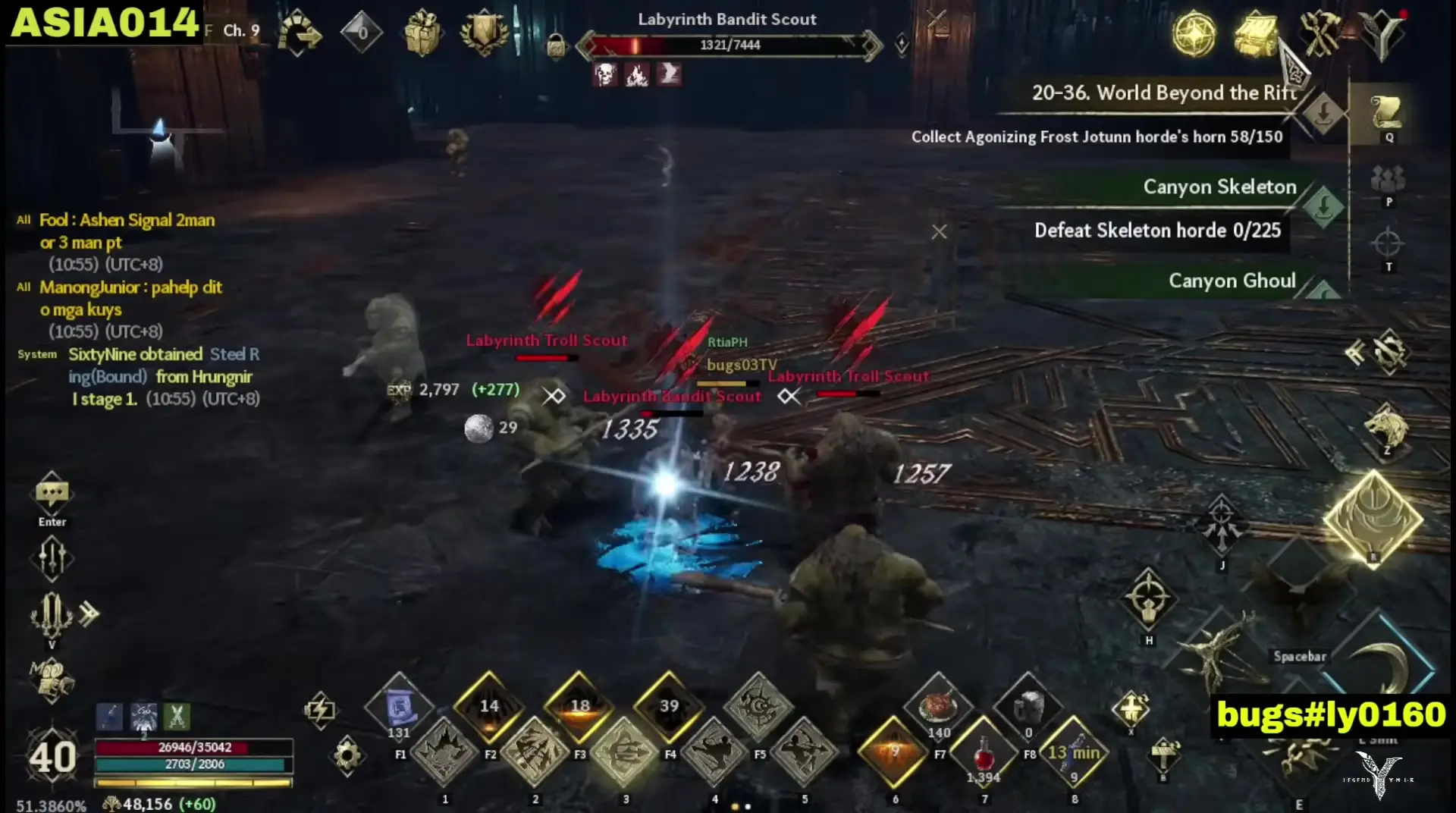 In this screenshot from Legend Of Ymir, player characters engage in combat against Labyrinth Bandit Scouts and Troll Scouts within the dark stone corridors of a dungeon environment known as World Beyond the Rift.