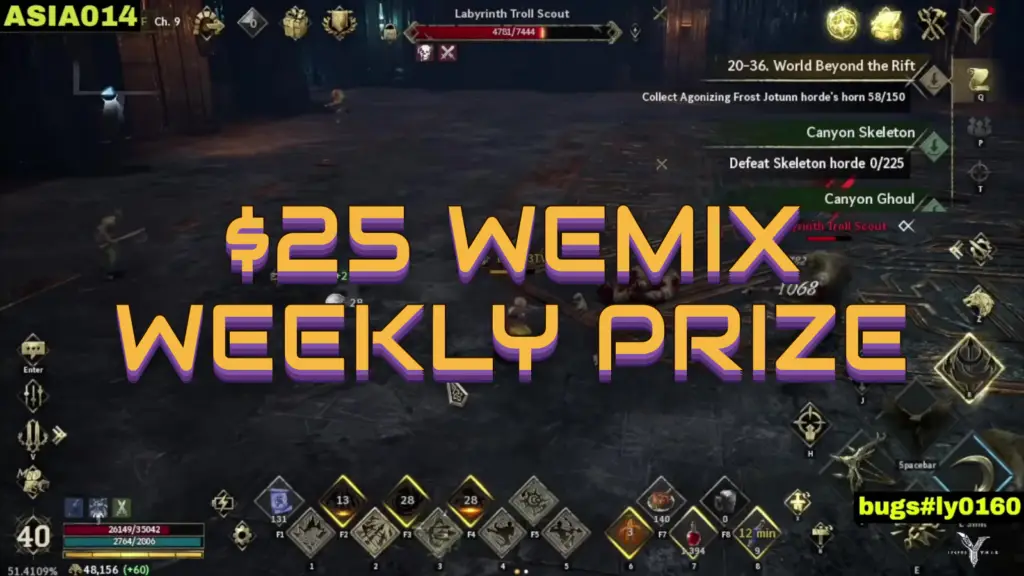 A screenshot from Legend Of Ymir displaying gameplay during Chapter 9 in an environment labeled World Beyond the Rift, where characters are engaged in combat objectives such as collecting horns and defeating skeleton hordes alongside on-screen prompts for a $25 WEMIX Weekly Prize.