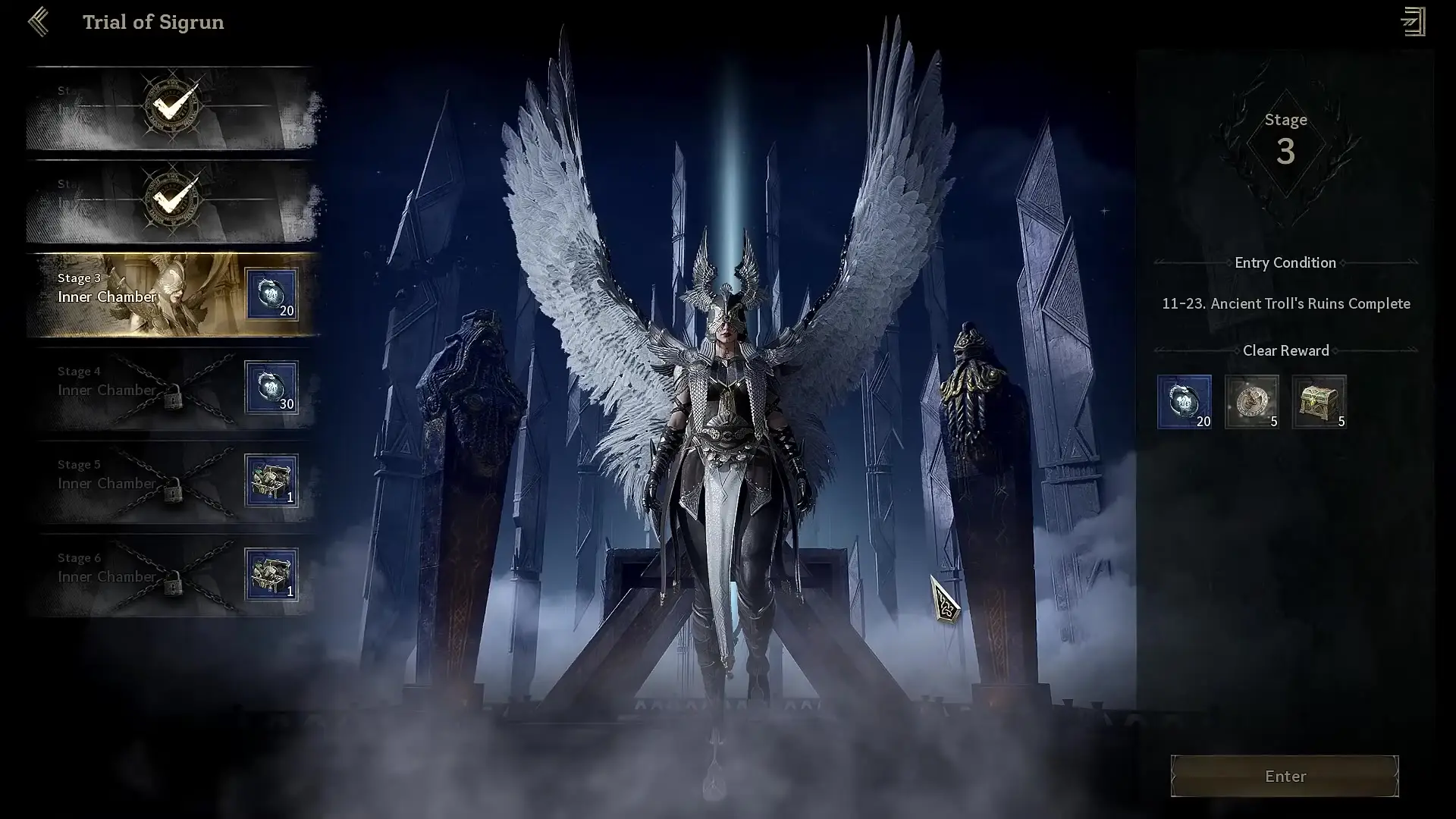 A character from Legend Of Ymir standing in the 'Trial of Sigrun' menu screen for Stage 3 of the Inner Chamber challenge, surrounded by tall stone pillars and winged statues with fog on the ground at night.