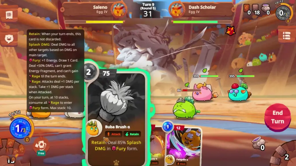 In the game Axie Infinity, several cartoonish creatures, or 'Axies,' are positioned in a battle against a backdrop of a wooden arena, accompanied by a detailed card displaying the 'Buba Brush α' ability and its effects on the left side.