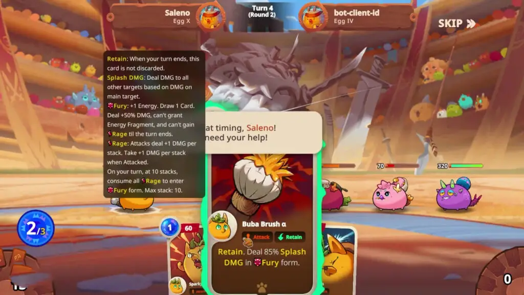 In the game Axie Infinity, three colorful axolotl-like creatures are positioned in an arena setting with a partially visible card describing an action called 'Buba Brush α', while information about game mechanics and a player's name is displayed alongside.