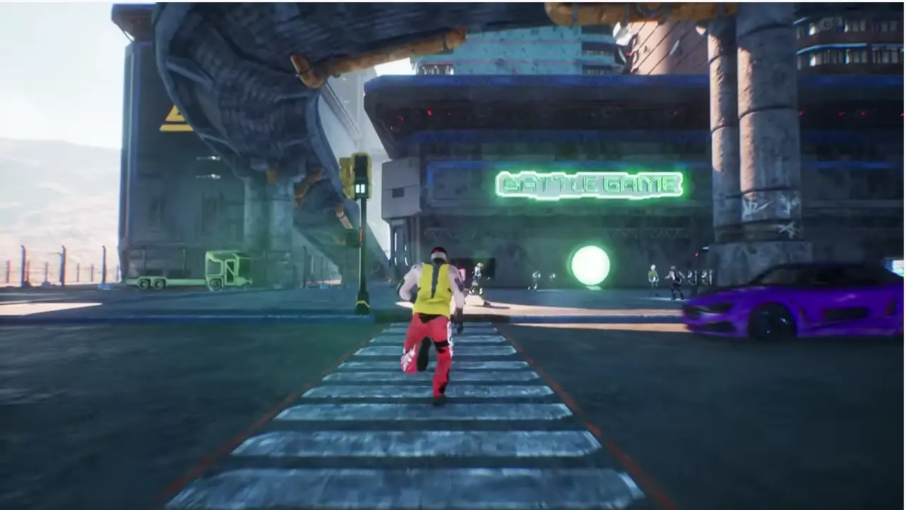In the game Artyfact, a character in a yellow vest and red pants is running across a crosswalk towards a building labeled 'Battle Game' in a futuristic city setting.