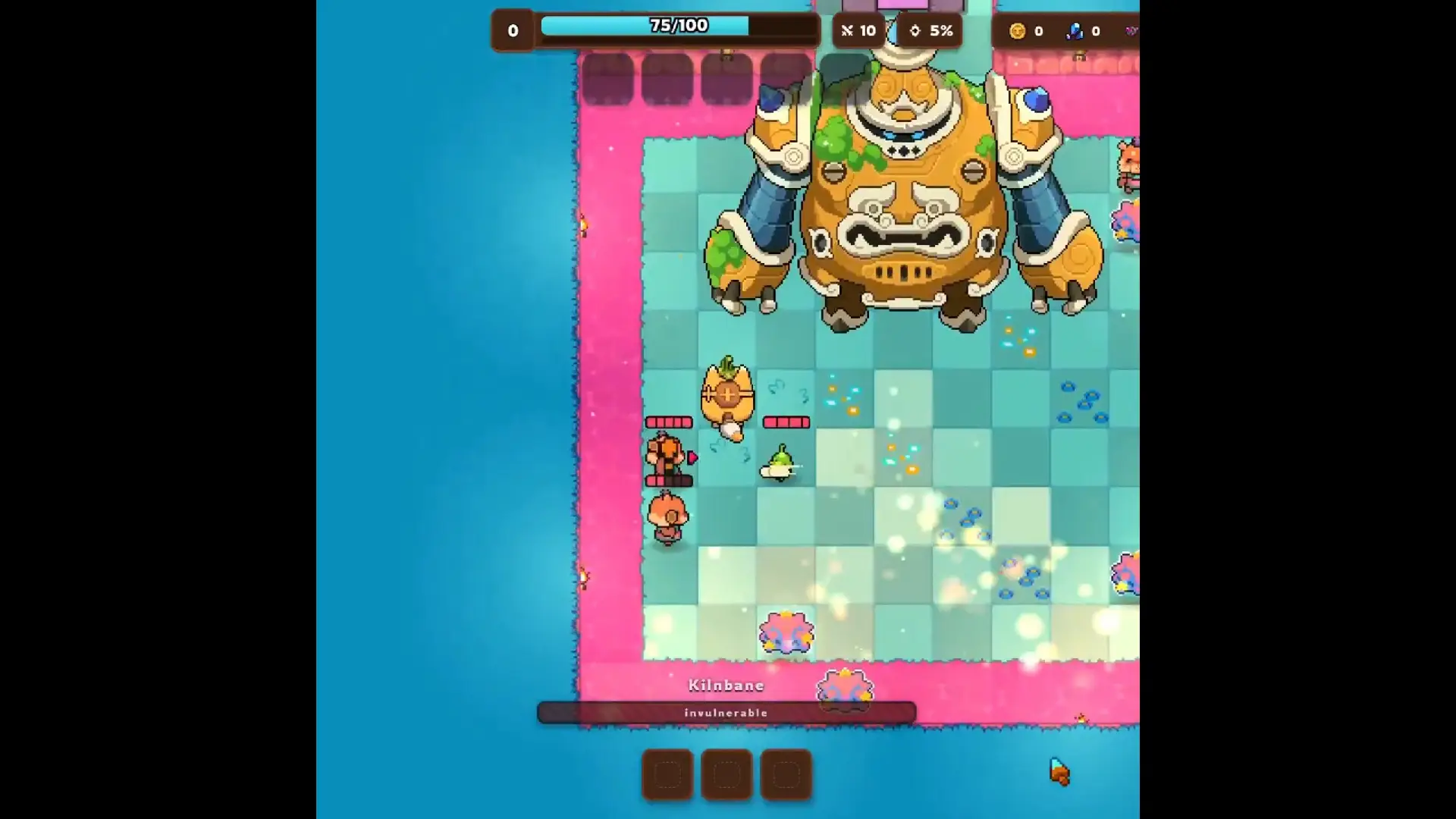 A screenshot from the game Axie: Den of Mysteries depicts a boss battle where three small, player-controlled creatures fight against a large, mechanical enemy named Kilnbane on a checkered battlefield while the boss status displays as invulnerable.