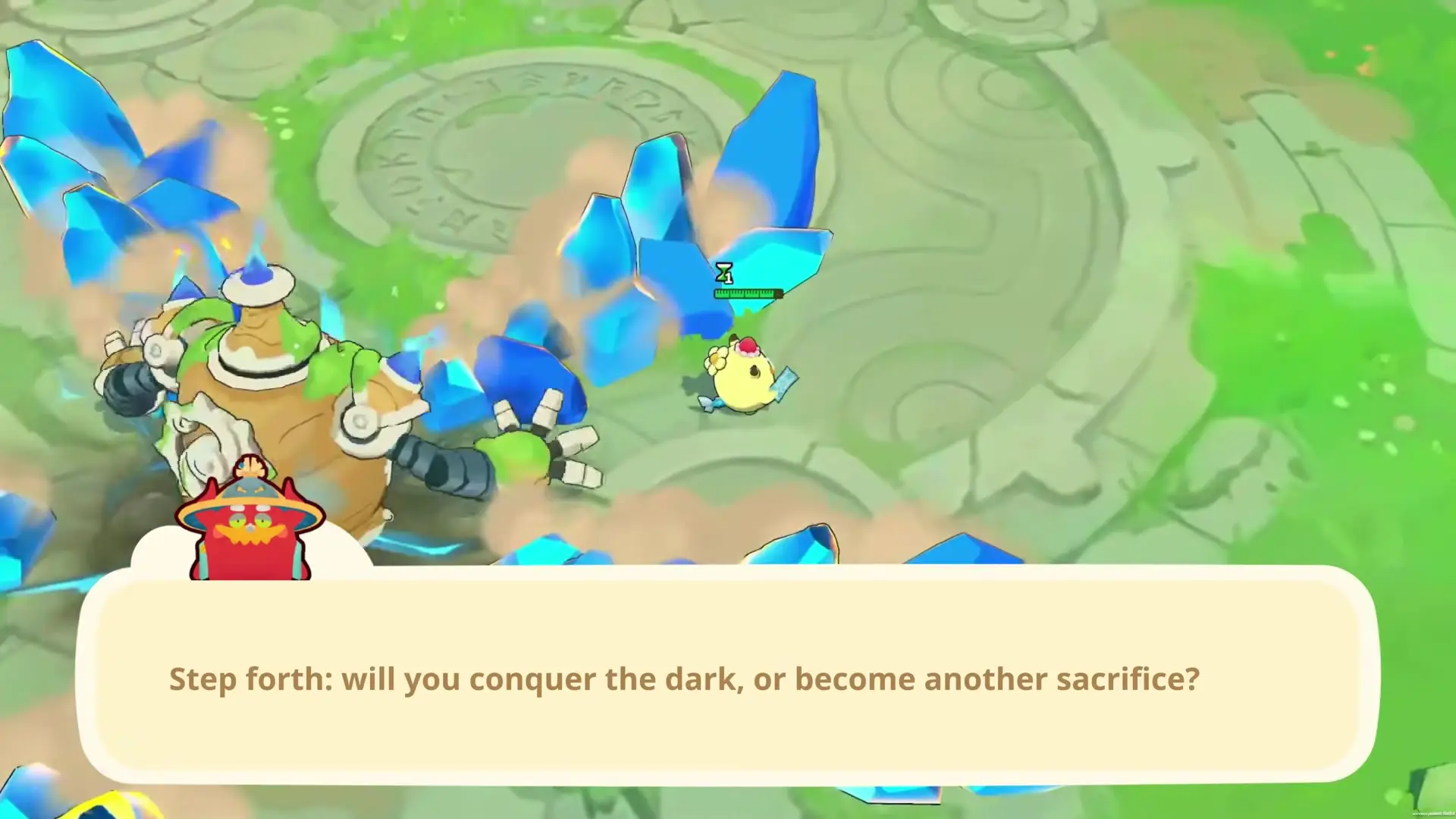 In Axie Infinity, a robotic creature and a small bird-like character with items around them are set in a grassy circular arena with blue crystals, while a message box at the bottom displays text.