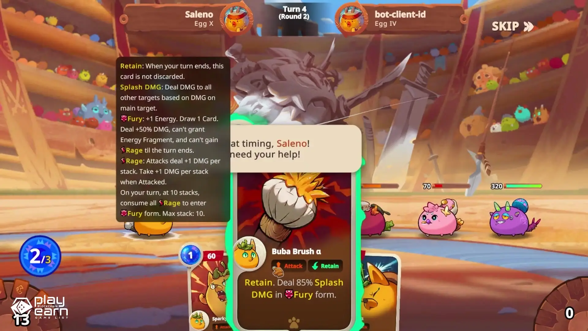 This image from Axie Infinity shows a turn-based battle screen where the player Saleno is playing a card named 'Buba Brush alpha' against an opponent bot-client-id, featuring several small Axie creatures on a desert-like arena floor with wooden bleachers in the background.