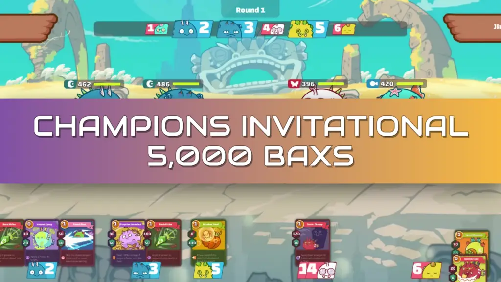 In a screenshot of the game Axie Classic during Round 1, various colorful monster-like creatures known as Axies are lined up on a desert-like battle arena, with large text overlaid announcing 'CHAMPIONS INVITATIONAL 5,000 BAXS' above their health bars and player cards at the bottom.