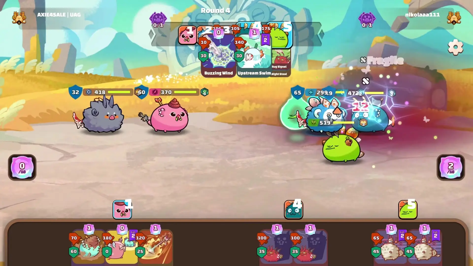 In this screenshot from Axie Classic, two players face off in Round 4 of a turn-based battle, where small, round creatures called Axies attack each other on a desert-like arena while cards at the bottom display available abilities and stats.