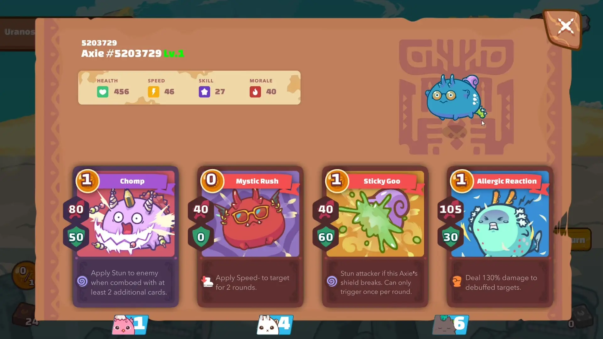 In Axie Classic, the character screen displays Axie #5203729, a blue creature named Uranos at Level 1, alongside its health, speed, skill, and morale stats, as well as four ability cards: Chomp, Mystic Rush, Sticky Goo, and Allergic Reaction.