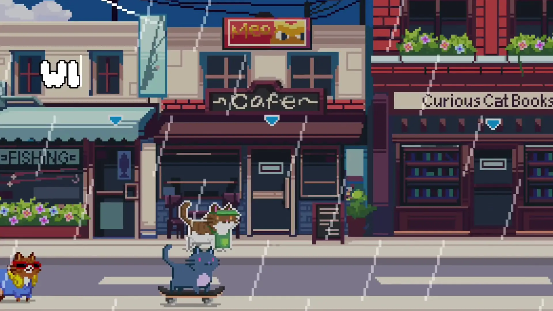 In Cat Town, a pixelated street scene shows a cat wearing a red visor walking and another cat skateboarding in front of shops labeled 'nCafe' and 'Curious Cat Books' during rainfall.