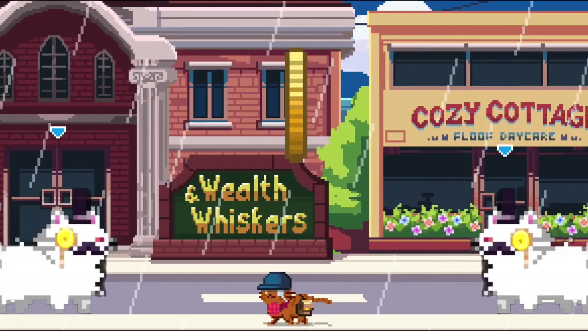 In the game Cat Town, a cat wearing a blue hat and scarf walks in front of a building labeled 'Wealth Whiskers' next to another building called 'Cozy Cottage', while a large white cat with a monocle and top hat stands nearby.