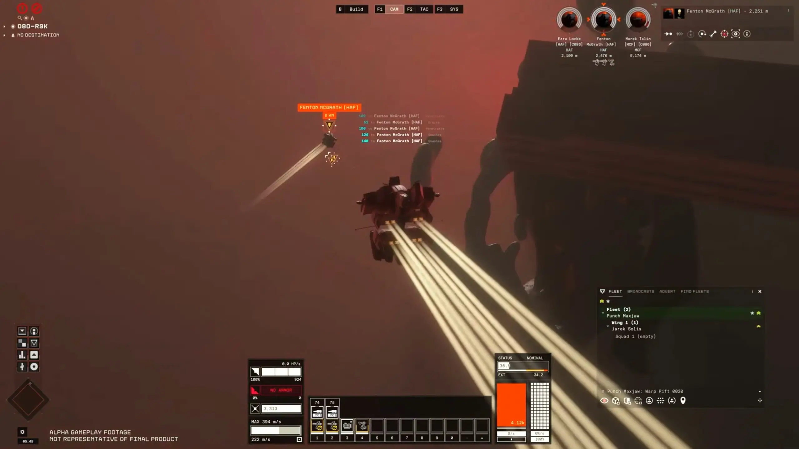 In the game eve-frontier, two spacecraft are flying through a reddish-hued space environment with one trailing behind the other, as various HUD elements and player information are displayed on the screen.