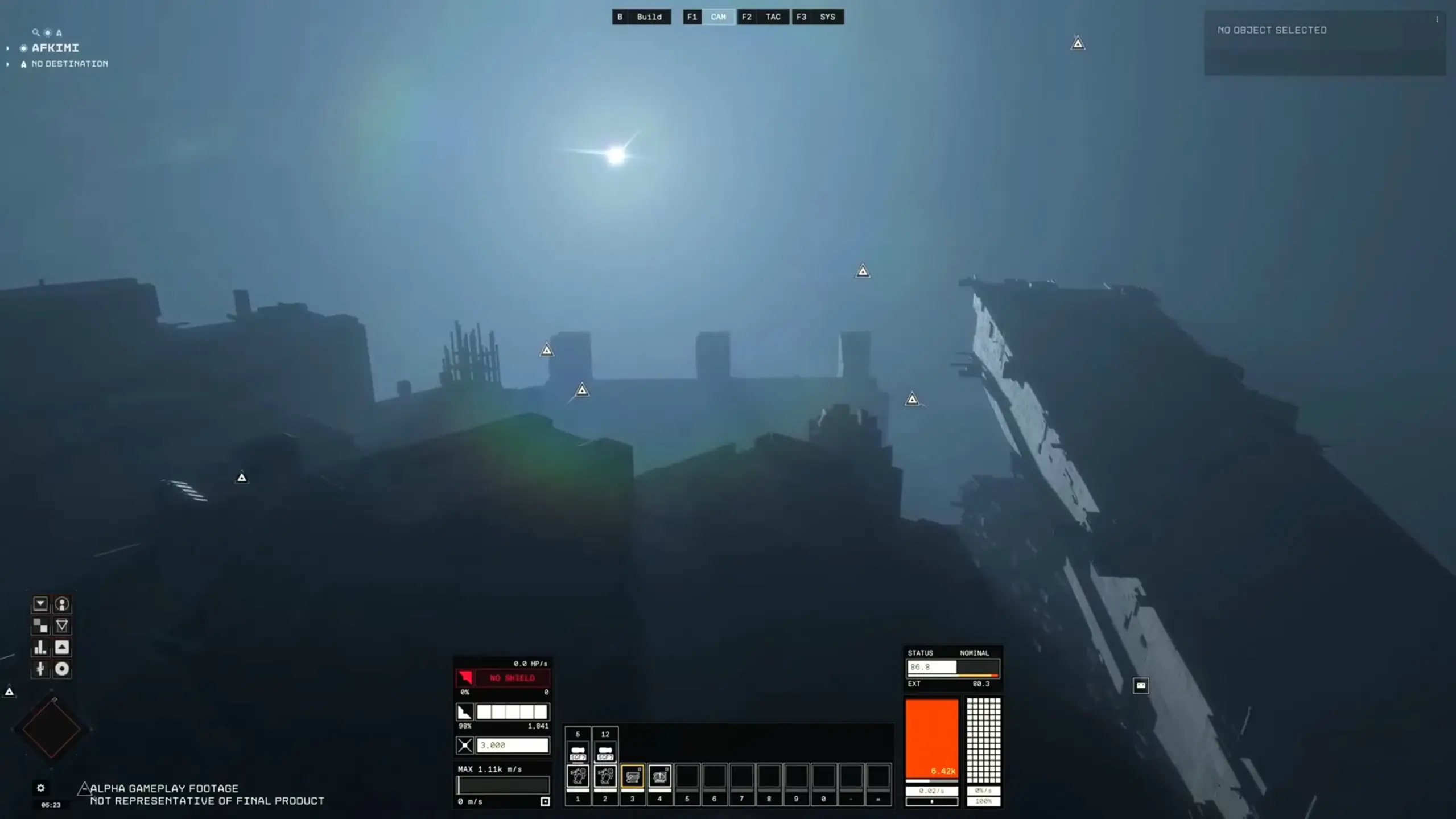 The image from eve-frontier depicts a foggy aerial view of a large, dark structure with various indicators on screen, suggesting navigation or monitoring within a game interface.