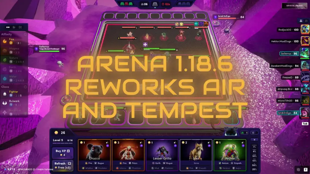 The game 'Illuvium' displays a strategic arena battle with character details on the left, a grid of battling creatures in the center, and various player stats on the right, all set against a vivid purple crystalline environment.