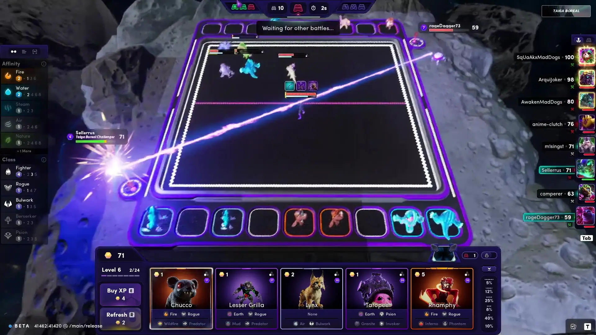 In the game Illuvium, a tactical battle is taking place on a virtual board featuring several colorful creatures with health bars, surrounded by a rocky environment and interface elements displaying player information and character options.
