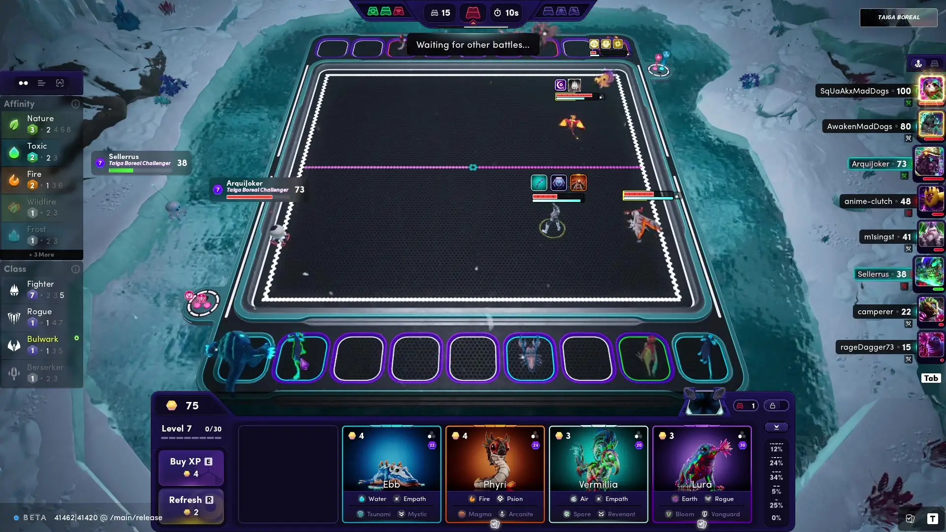 In the game Illuvium, two opposing characters face off on a futuristic hexagonal battlefield surrounded by a snowy landscape while player stats and options are displayed on the interface.