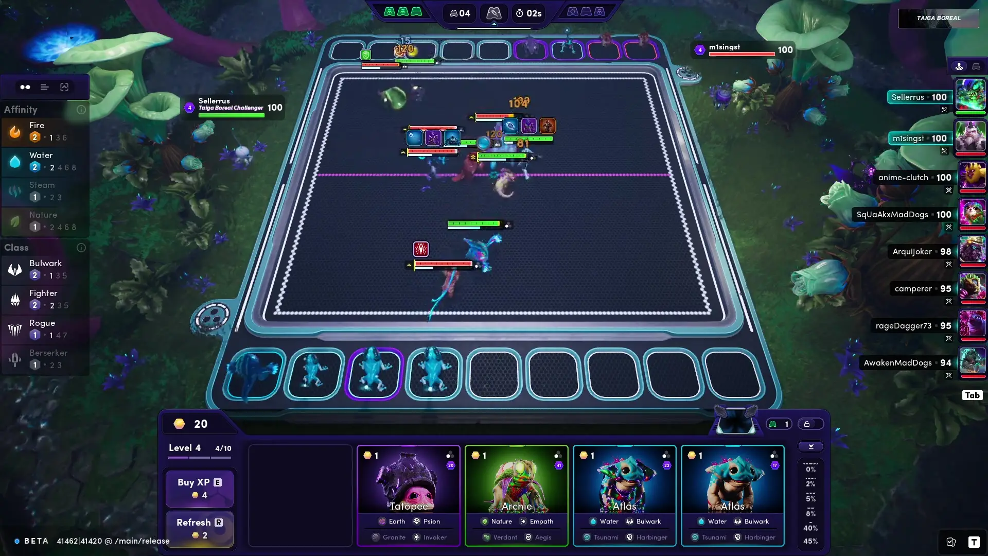 The gameplay scene from Illuvium shows multiple characters engaged in a battle on a grid board within a lush, forested environment, surrounded by a user interface displaying character stats and options.