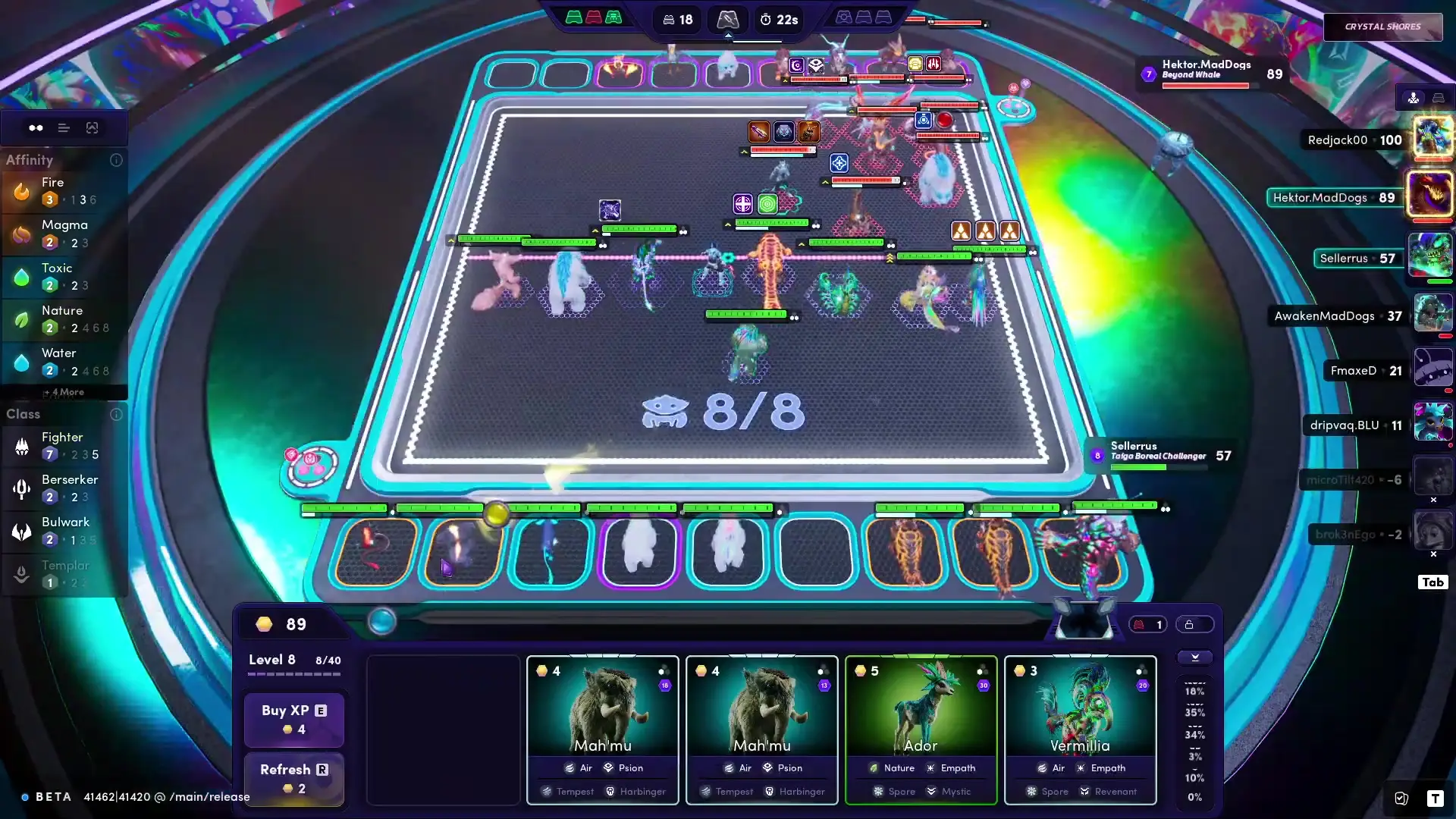 In this screenshot from the game Illuvium, a tactical battle unfolds on a hexagonal grid where various creature units are positioned for combat within a futuristic arena interface.