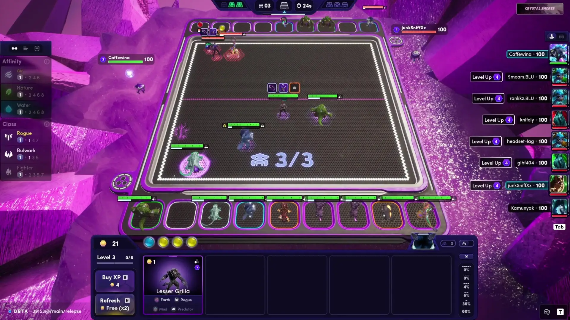 In the game Illuvium, small creatures and characters are positioned on a hexagonal grid within a vibrant, purple-hued environment, preparing for battle as shown by the interface displaying health bars, player names, and character stats.