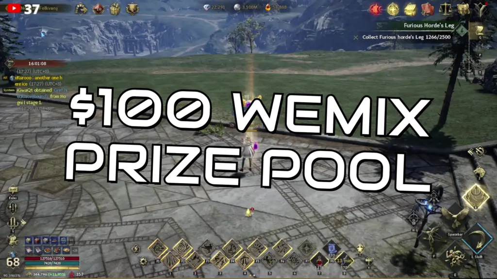 In the game Legend Of Ymir, a character stands on a stone platform holding a glowing item, with a mountainous landscape in the background and a prominent text overlay announcing a $100 WEMIX prize pool.