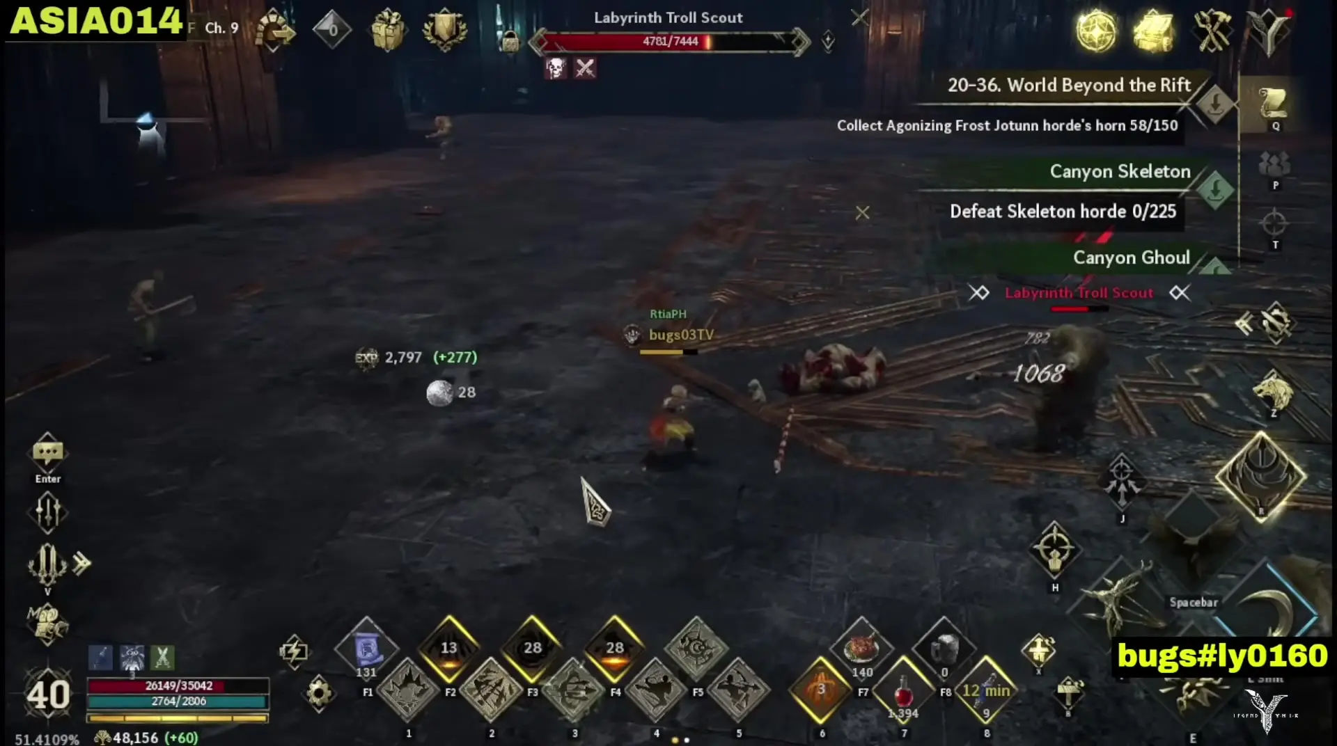 In a screenshot of Legend Of Ymir, a player character is shown in a dark dungeon arena facing off against various enemies including Canyon Skeletons and Labyrinth Troll Scouts while engaging in combat indicated by floating damage numbers and health bars.